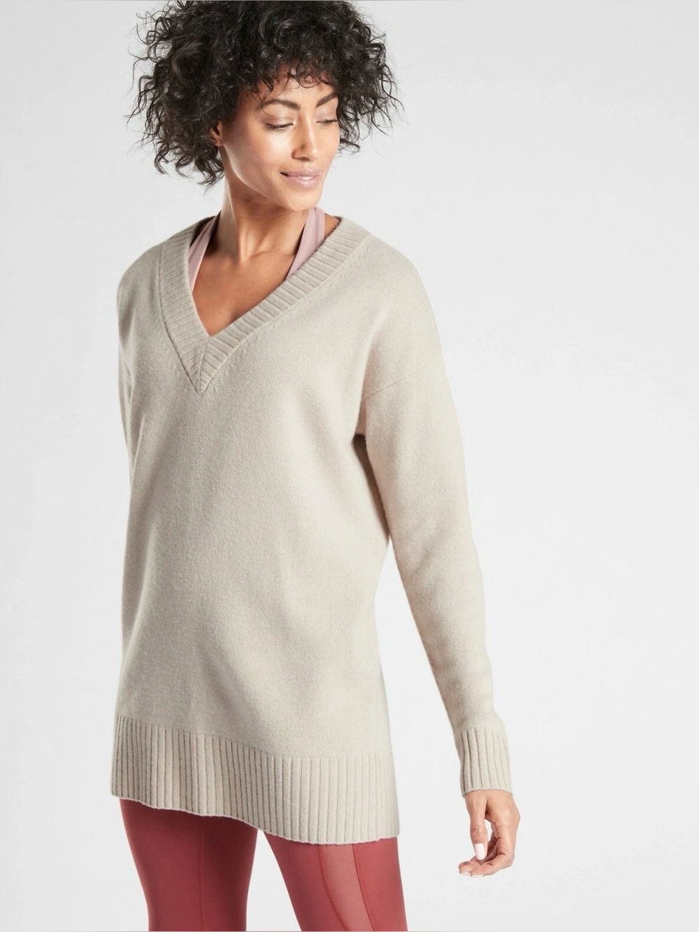 ATHLETA XXS Cashmere Wool Capsule Natural Fibers V-Neck Tunic Sweater Oyster Lux